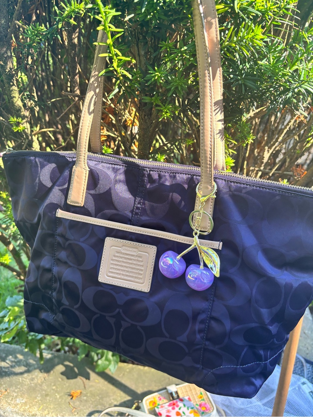Coach Designer-Inspired Navy Blue Tote Bag with Tan Trim